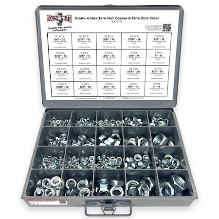 Boltsandnuts.Com Grade A Hex Jam Nut Coarse & Fine Zinc Clear - 457 pcs Assortment Kit #113